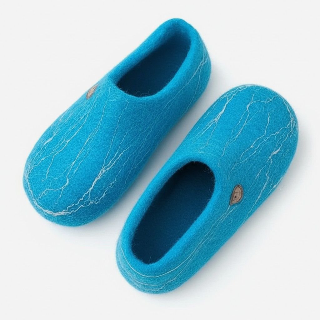 melsvos veltos šlepetės fotografuotos iš viršaus