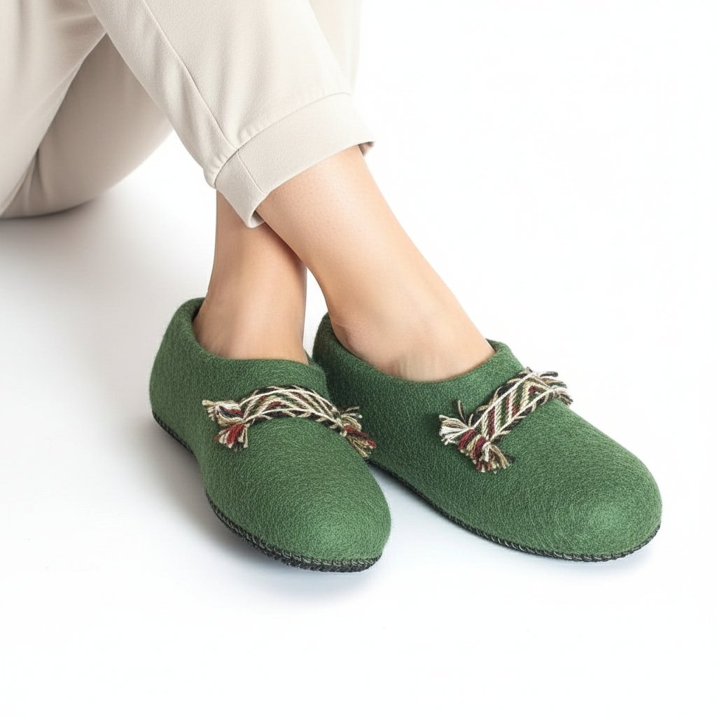 Moteris sėdi mūvėdama žalius veltinukus su tautine juostele ir šviesias kelnes, tinka namuose